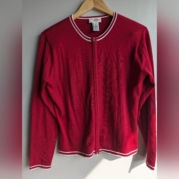Talbots Sweaters - Talbots 100% cotton zipper red white cardigan long sleeve Y2K academia size S